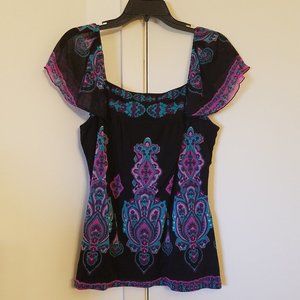 I.N.C. black with teal and pink paisley, knit top, flutter sleeves, lined Size L